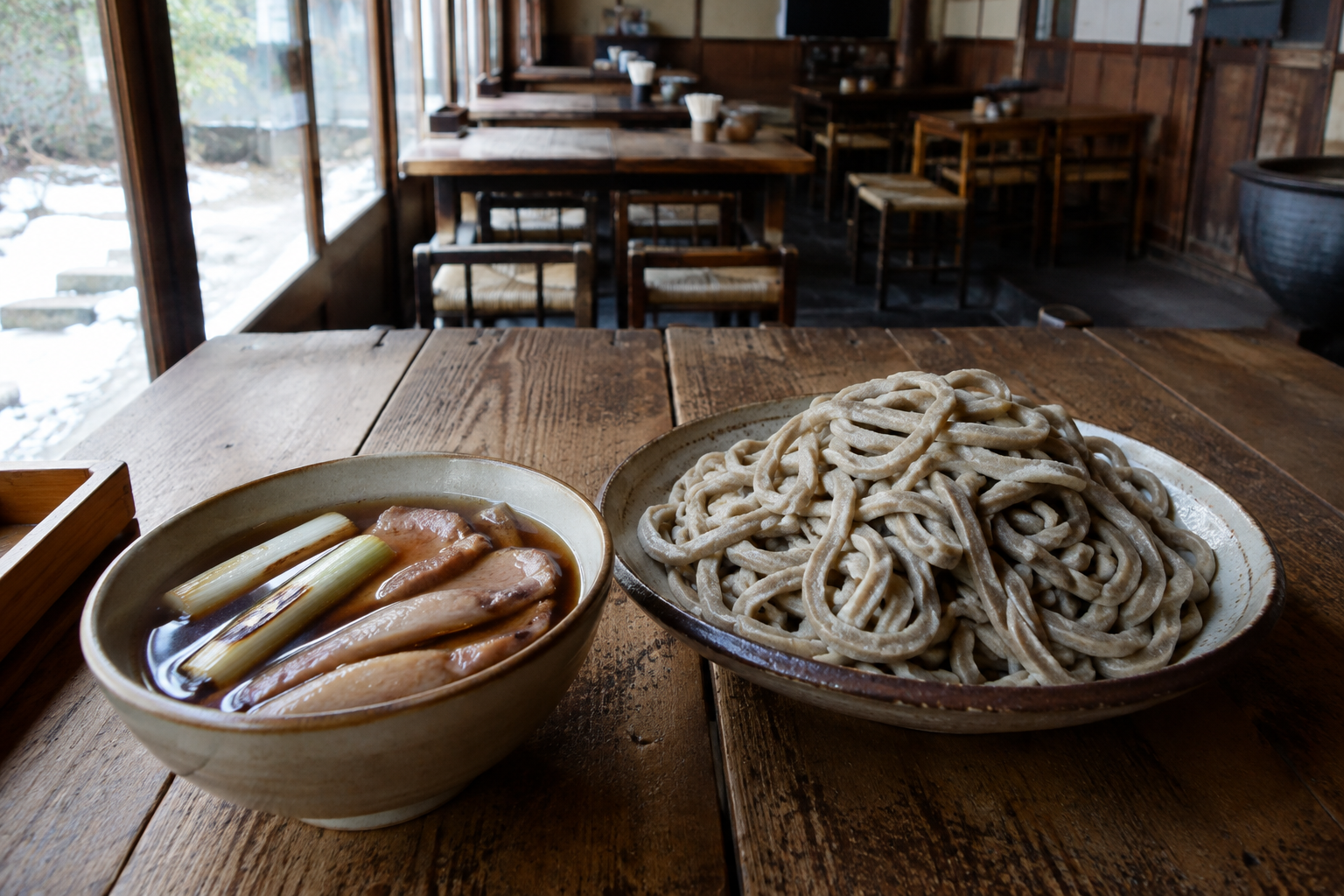 極太蕎麦と店内のAI生成イメージ